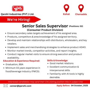 Senior Sales Supervisor Role at Qarshi Industries 2025