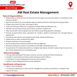 Assistant Manager Real Estate Management Professional at Qarshi Industries 2025